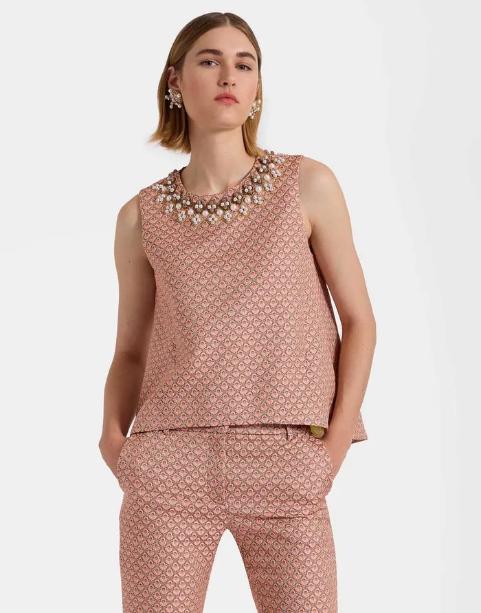La Doublej La Scala Top Tulip Pale Pink In Jacquard Embroidered Women Party Dressing