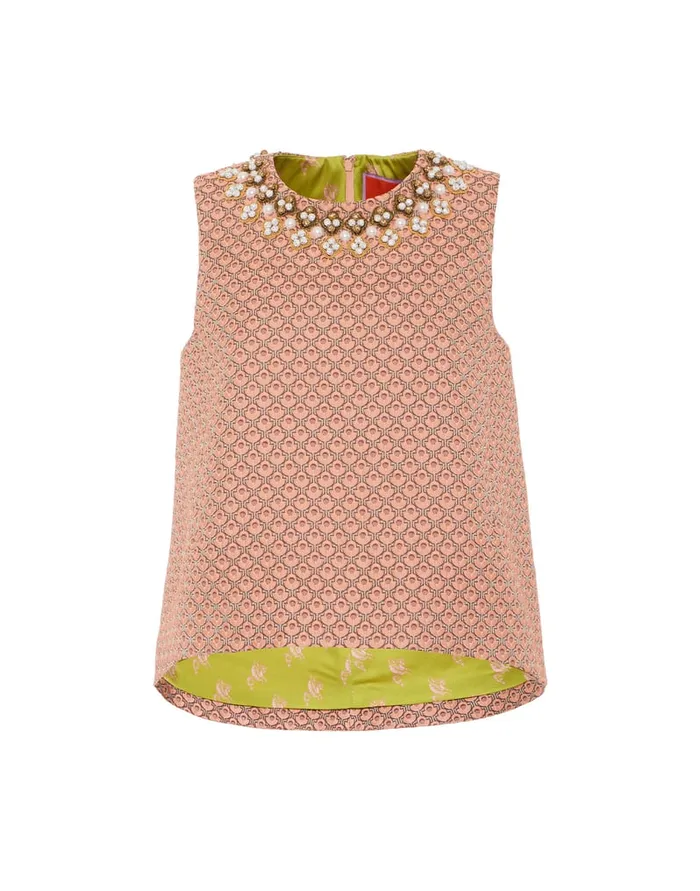 La Doublej La Scala Top Tulip Pale Pink In Jacquard Embroidered Women Party Dressing