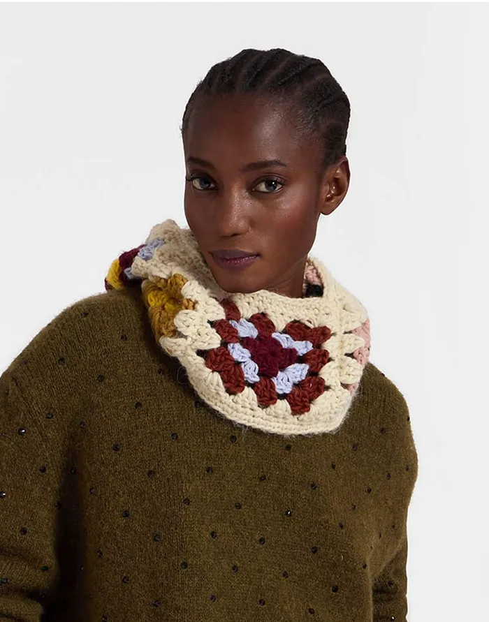 La Doublej Lacey Snood Flower Tile Ivory In Wool Crochet Women Hats