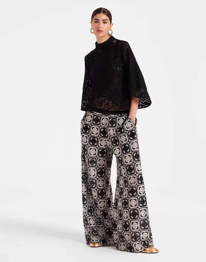 La Doublej Palazzo Pants Mini Tiles Black In Macram Women Shorts and Pants