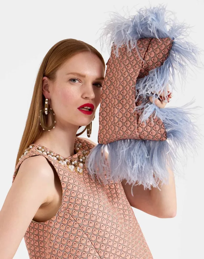 La Doublej Party Pochette Tulip Pale Pink In Jacquard With Feathers Women Bags and Pochettes