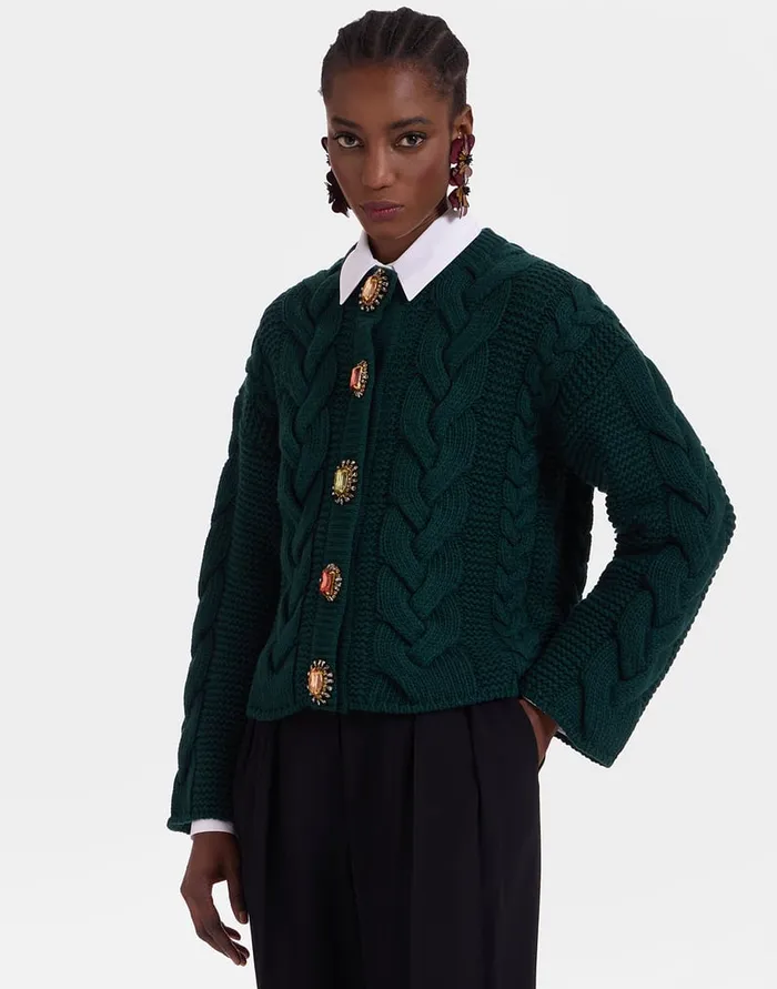 La Doublej Portrait Cardigan Solid Green In Chunky Wool Women Knitwear