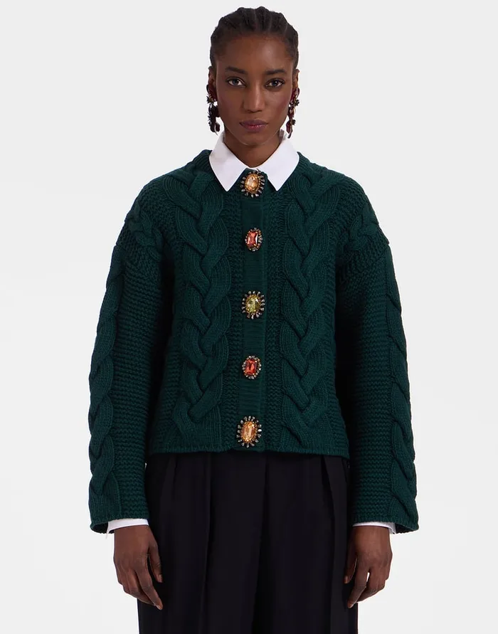 La Doublej Portrait Cardigan Solid Green In Chunky Wool Women Knitwear