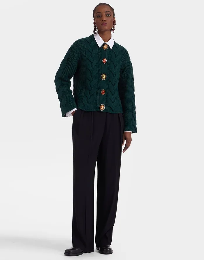 La Doublej Portrait Cardigan Solid Green In Chunky Wool Women Knitwear