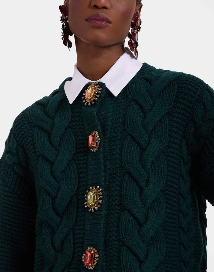 La Doublej Portrait Cardigan Solid Green In Chunky Wool Women Knitwear