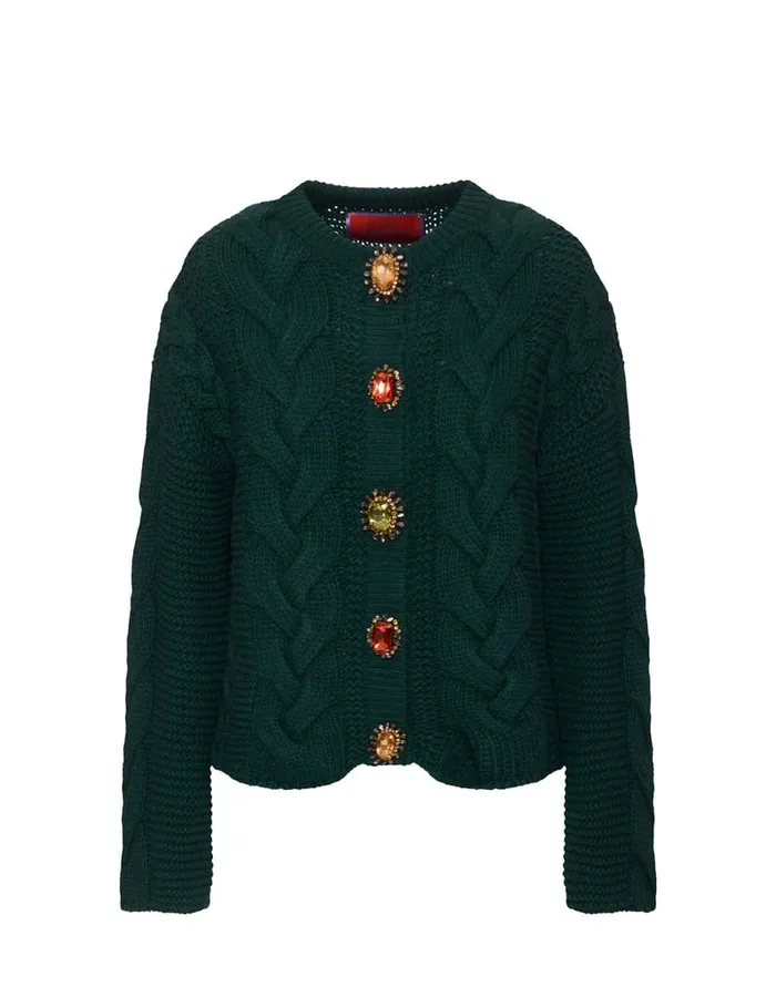 La Doublej Portrait Cardigan Solid Green In Chunky Wool Women Knitwear