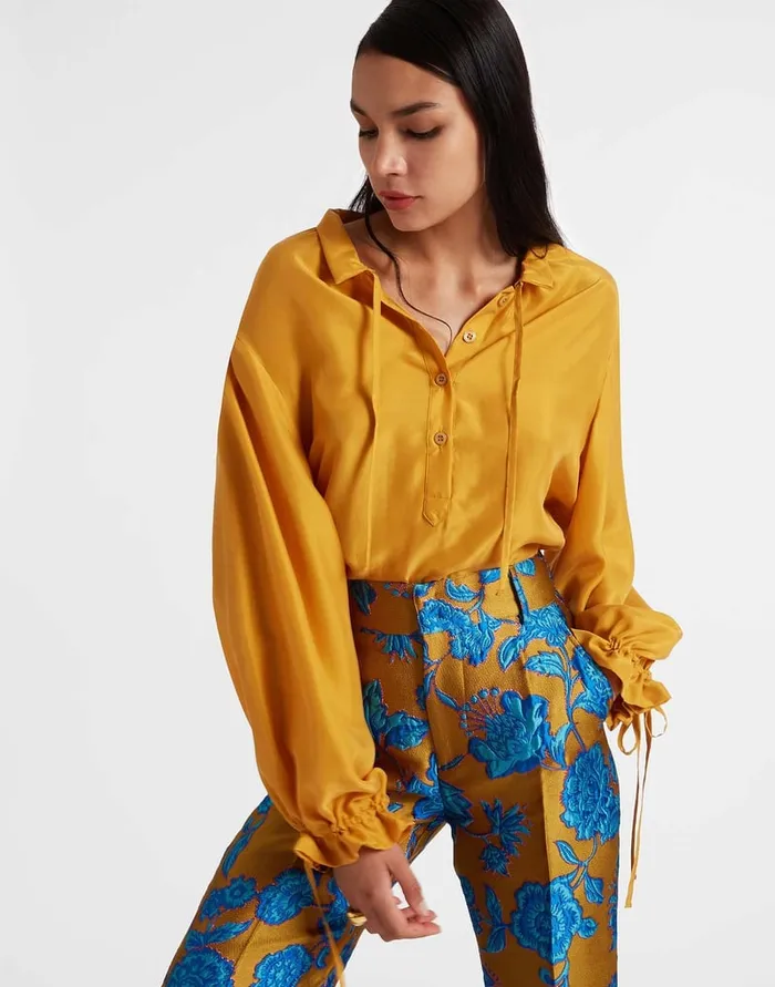 La Doublej Shirt And Sassy Solid Gold In Washed Silk Women Shirts and Tops