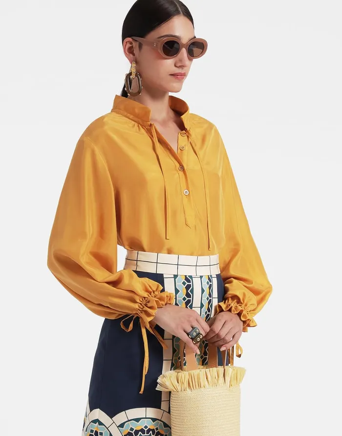 La Doublej Shirt And Sassy Solid Gold In Washed Silk Women Shirts and Tops