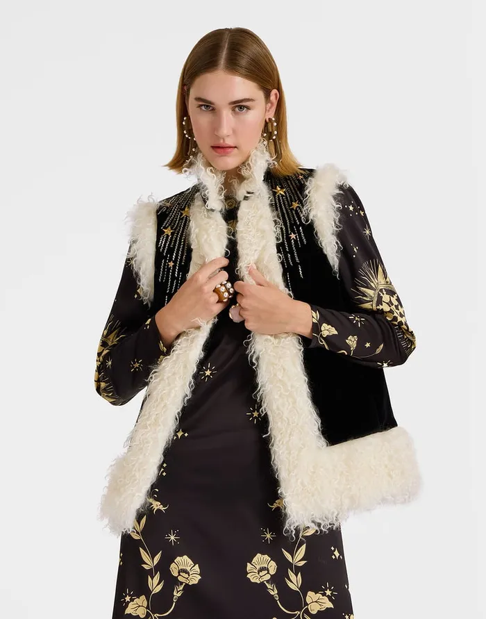 La Doublej Sleeveless Folk Jacket Solid Black In Cotton Velvet Embroidered Women Outerwear