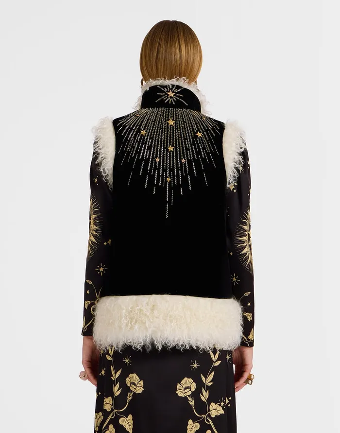 La Doublej Sleeveless Folk Jacket Solid Black In Cotton Velvet Embroidered Women Outerwear