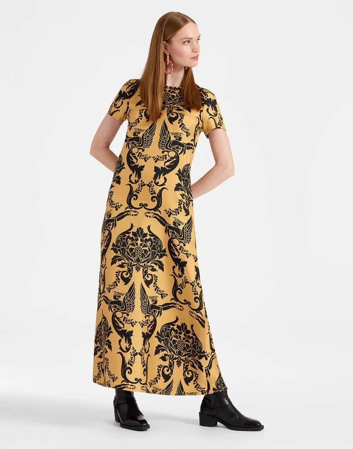 La Doublej Swing Dress Cherubs Gold In Silk Twill Women Party Dressing
