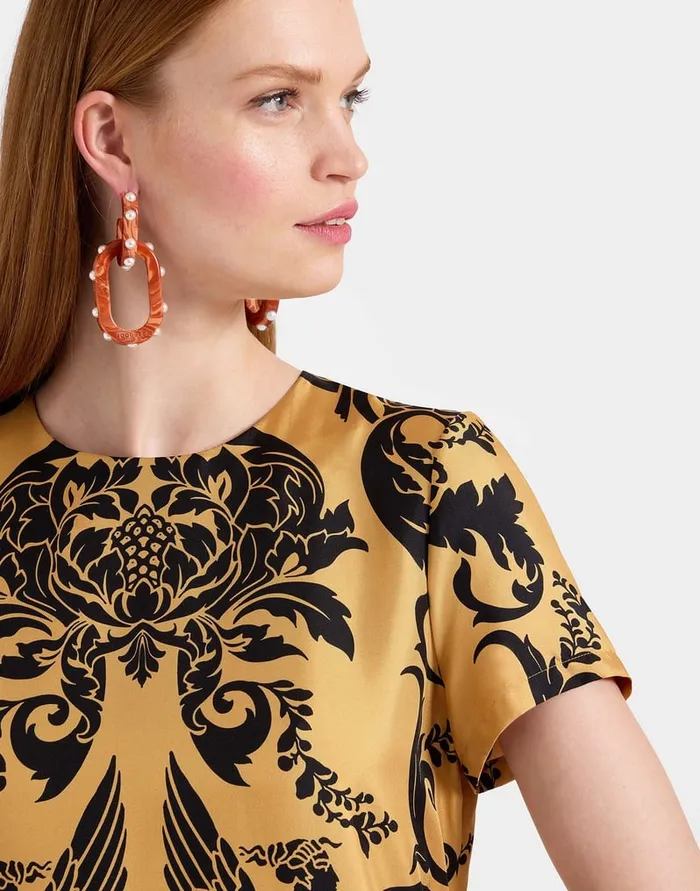 La Doublej Swing Dress Cherubs Gold In Silk Twill Women Party Dressing