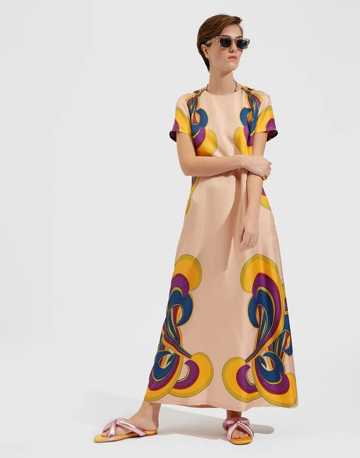 La Doublej Swing Dress Rainbow Swirl Rosa Place In Twill Silk Women Party Dressing
