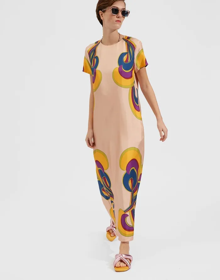 La Doublej Swing Dress Rainbow Swirl Rosa Place In Twill Silk Women Party Dressing