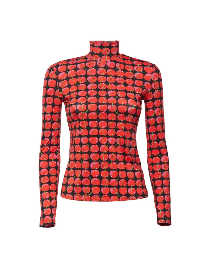 La Doublej Turtleneck Black Cherries In New Skinny Jersey Women Loungewear