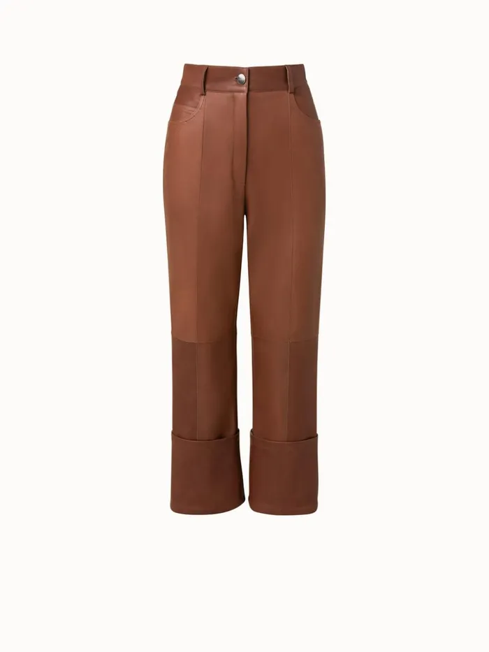 Lamb Nappa Leather High Waist Wide Leg Pants Chestnut Women Akris Pants
