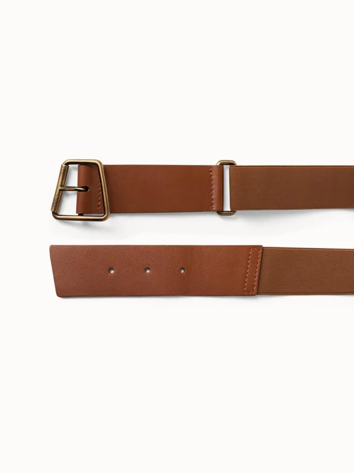 Leather And Elastic Belt With Trapezoid Buckle Chestnut Women Akris Belts