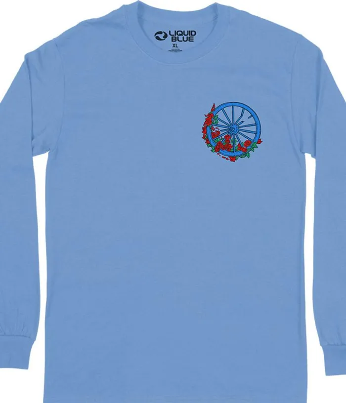 Liquid Blue Long Sleeve Men Wheel and Roses Chest Long Sleeve TShirt
