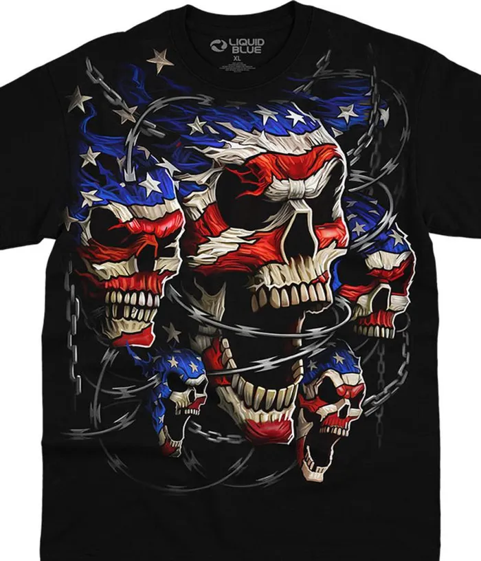 Liquid Blue TShirt Men Patriotic Skulls Black TShirt