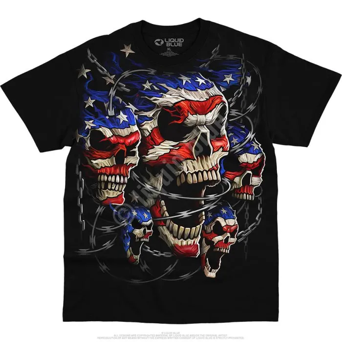Liquid Blue TShirt Men Patriotic Skulls Black TShirt
