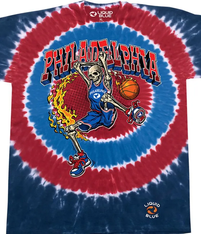 Liquid Blue TShirt Men Philadelphia Dunker Basketball Skeleton TieDye TShirt