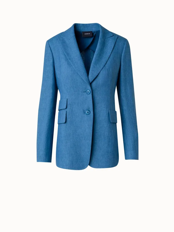 Long Linen Gabardine Jacket With Peak Lapel Medium Blue Women Akris Jackets