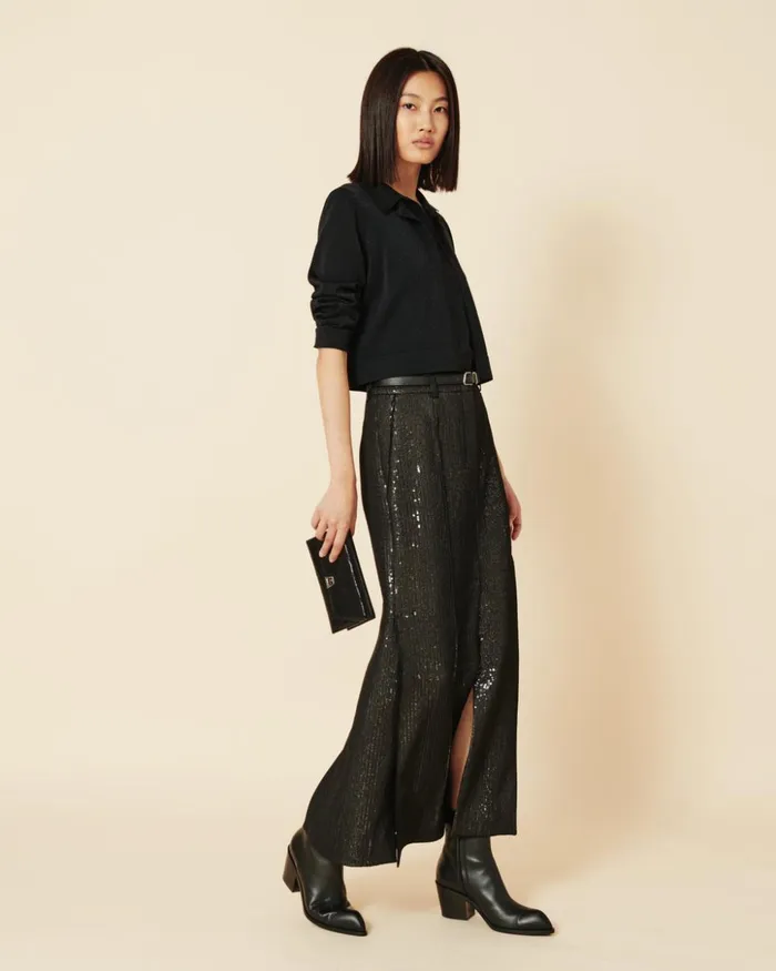 Long Sequin Covered Silk Skirt Black Women Akris Skirts