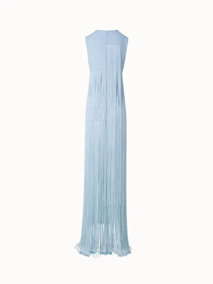 Long Silk Gown With Asymmetrical Fringes Bleached Denim Women Akris Dresses