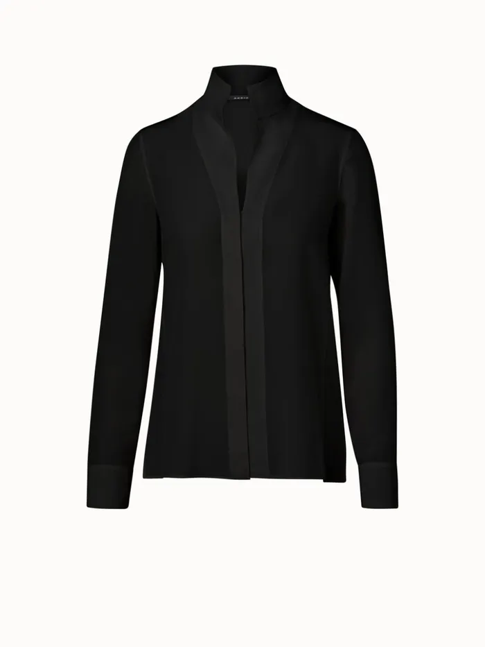 Long Sleeve Silk Crpe Blouse With Standup Collar Black Women Akris Blouses
