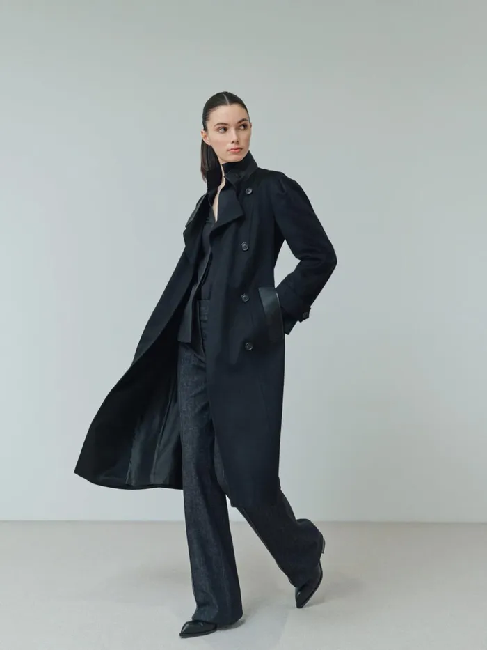 Long Sleeve Silk Crpe Blouse With Standup Collar Black Women Akris Blouses