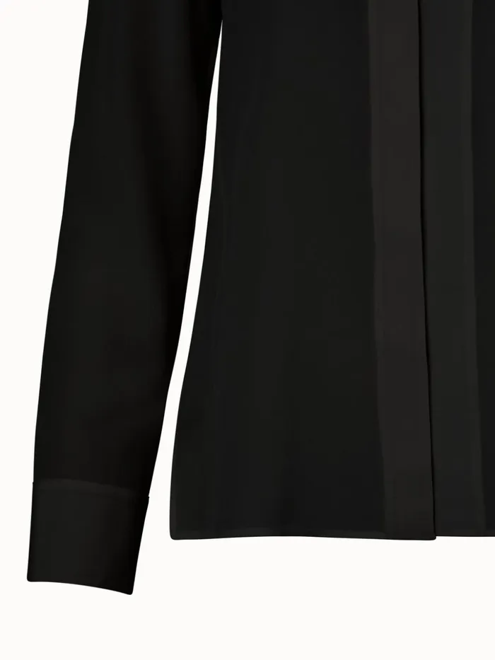 Long Sleeve Silk Crpe Blouse With Standup Collar Black Women Akris Blouses