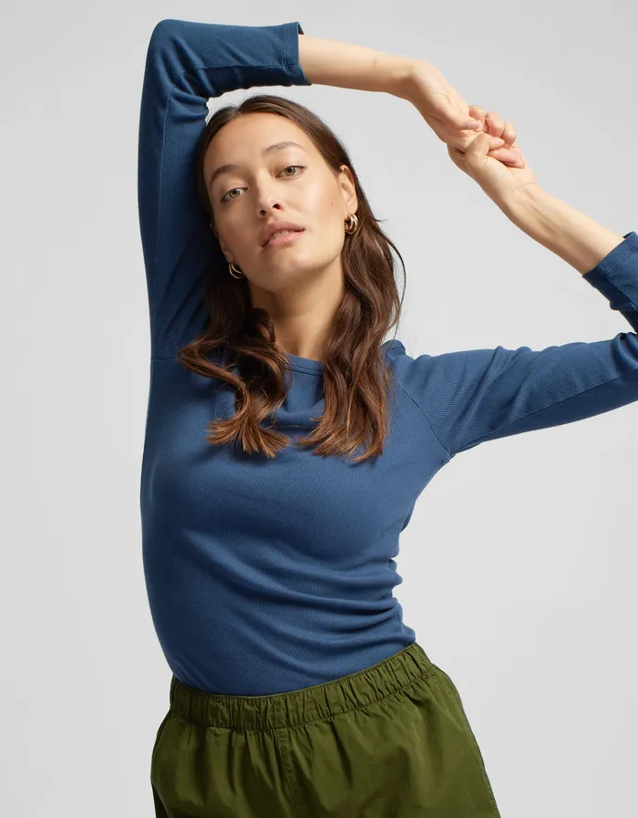 Long Sleeve Tops Women Colorfulstandard Women Organic Rib LS TShirt 8211 Teal Blue