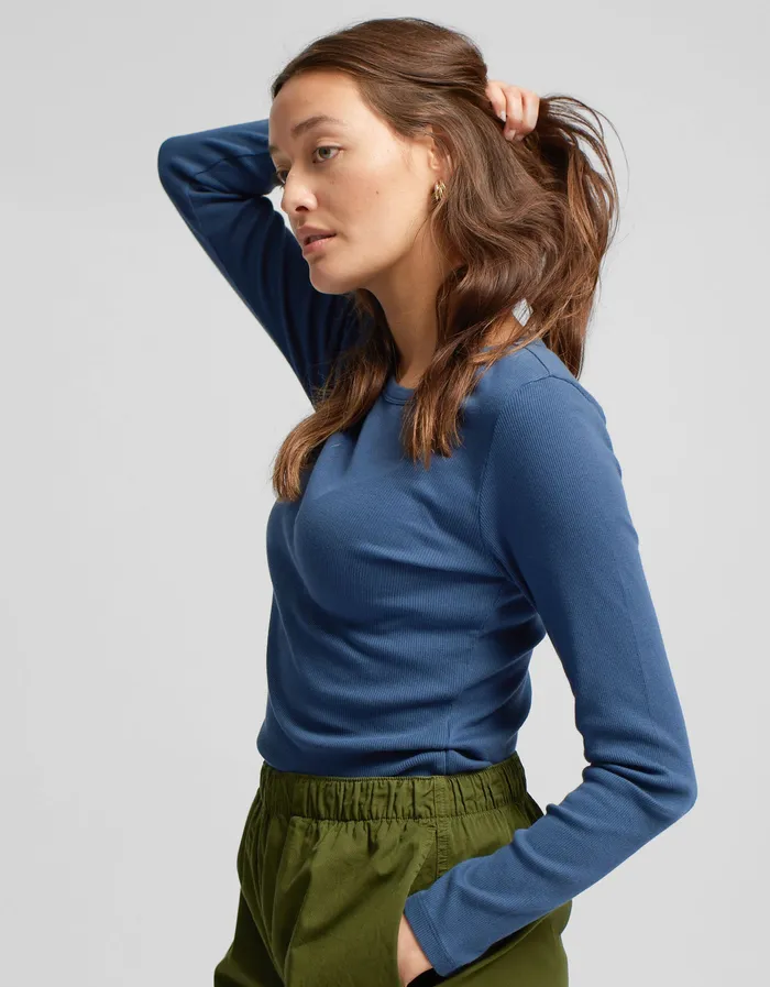 Long Sleeve Tops Women Colorfulstandard Women Organic Rib LS TShirt 8211 Teal Blue