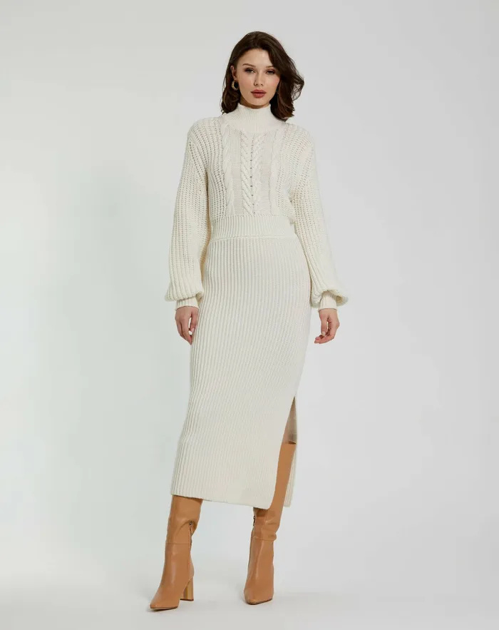 Long Sleeve Turtle Neck Knit Midi Dress Ecru Knitwear Mac Duggal Women
