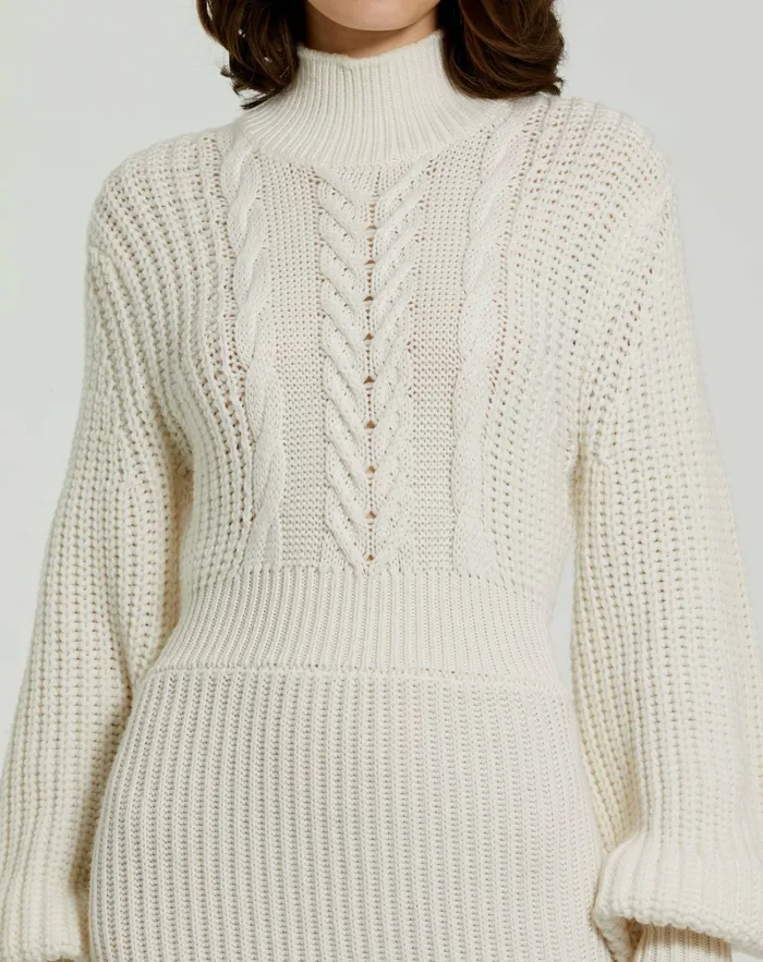 Long Sleeve Turtle Neck Knit Midi Dress Ecru Knitwear Mac Duggal Women