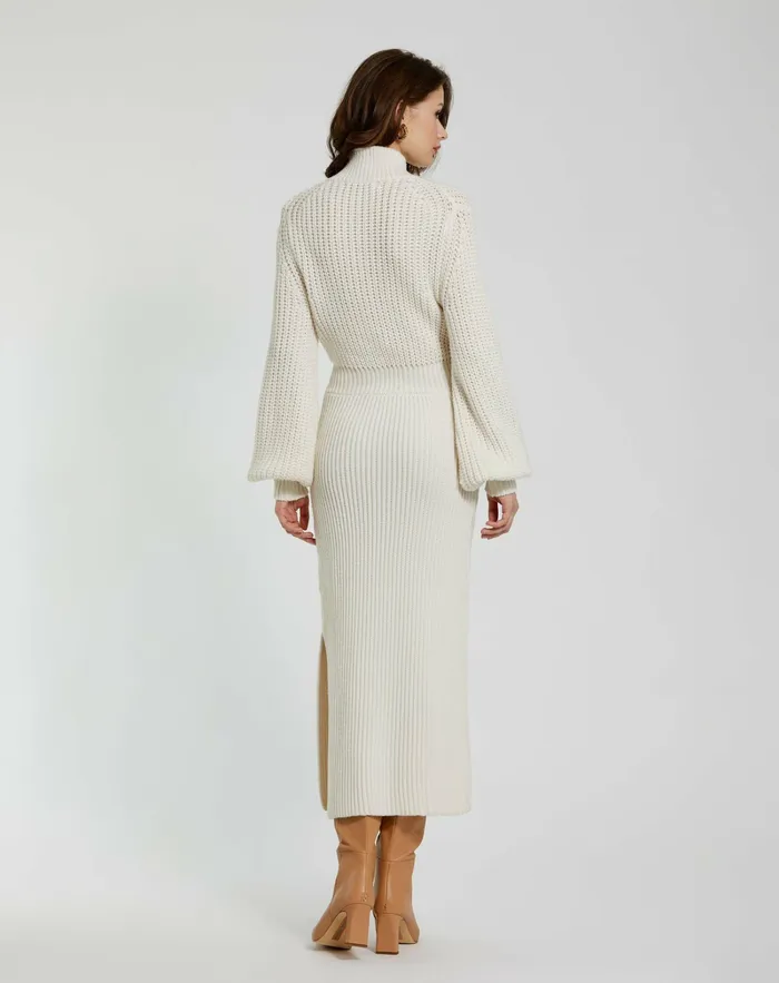 Long Sleeve Turtle Neck Knit Midi Dress Ecru Knitwear Mac Duggal Women