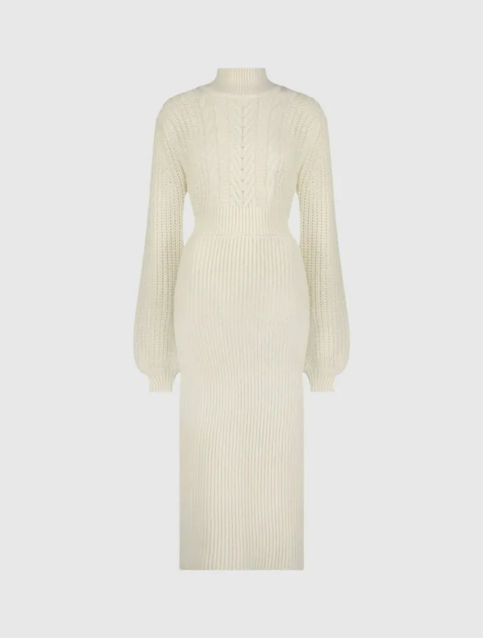 Long Sleeve Turtle Neck Knit Midi Dress Ecru Knitwear Mac Duggal Women