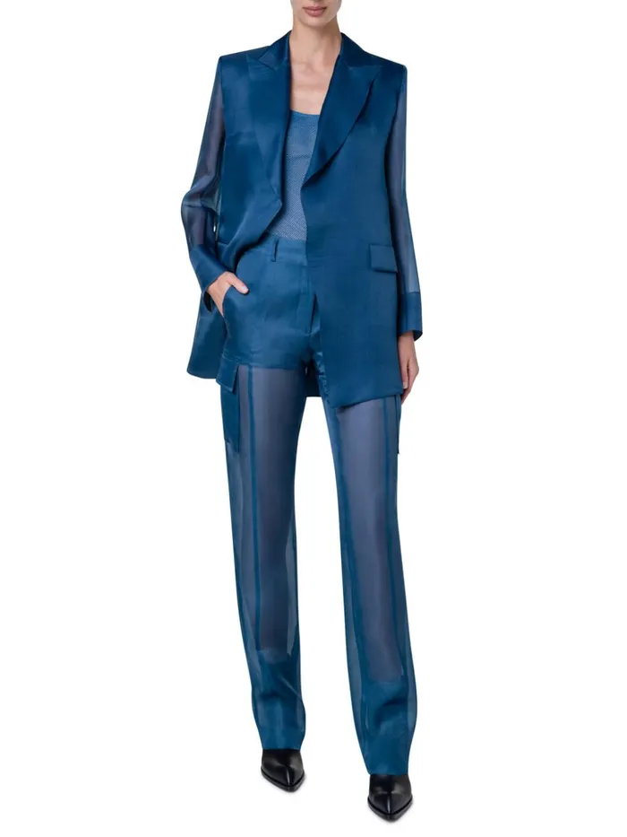 Long Tailored Silk Jacket With SemiSheer Sleeves Denim Women Akris Jackets