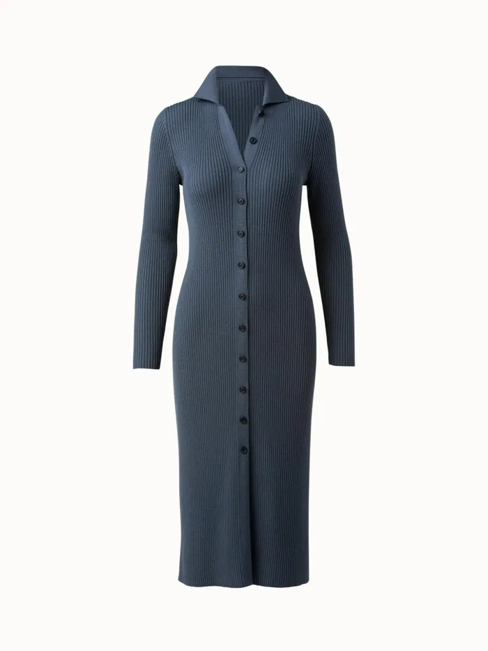 Long Wool Rib Knit Cardigan Dark Slate Women Akris Knitwear