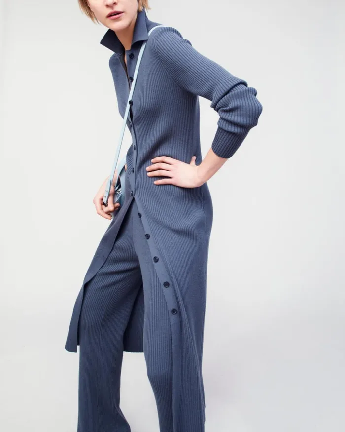 Long Wool Rib Knit Cardigan Dark Slate Women Akris Knitwear