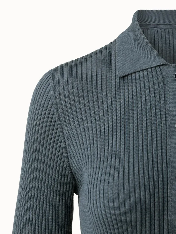 Long Wool Rib Knit Cardigan Dark Slate Women Akris Knitwear