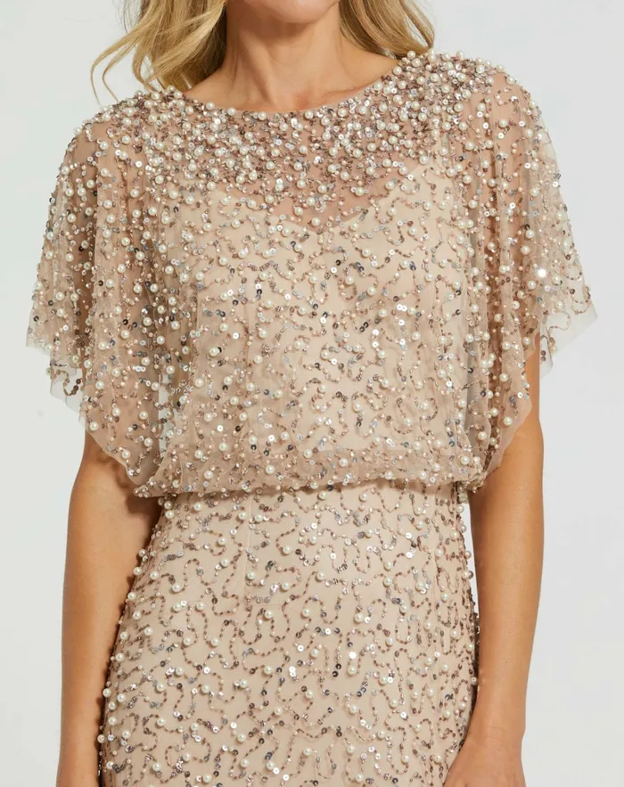 Mac Duggal Beaded Mesh Gown With Shawl Nude Gold Women Best Sellers