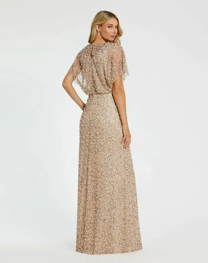 Mac Duggal Beaded Mesh Gown With Shawl Nude Gold Women Best Sellers