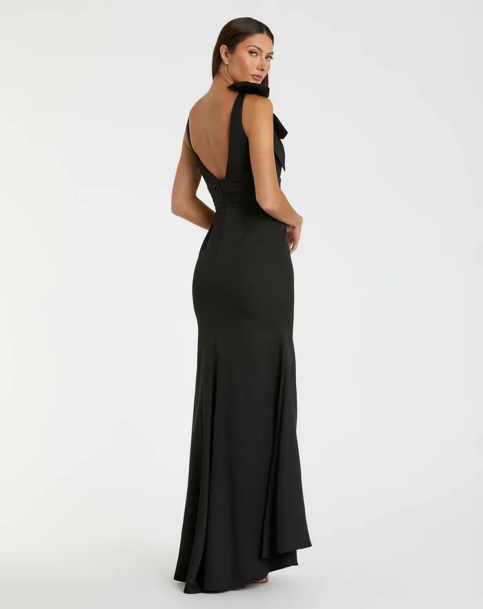 Mac Duggal Best Sellers Women Black Sleeveless V Neck Bow Detail Mermaid Gown Black