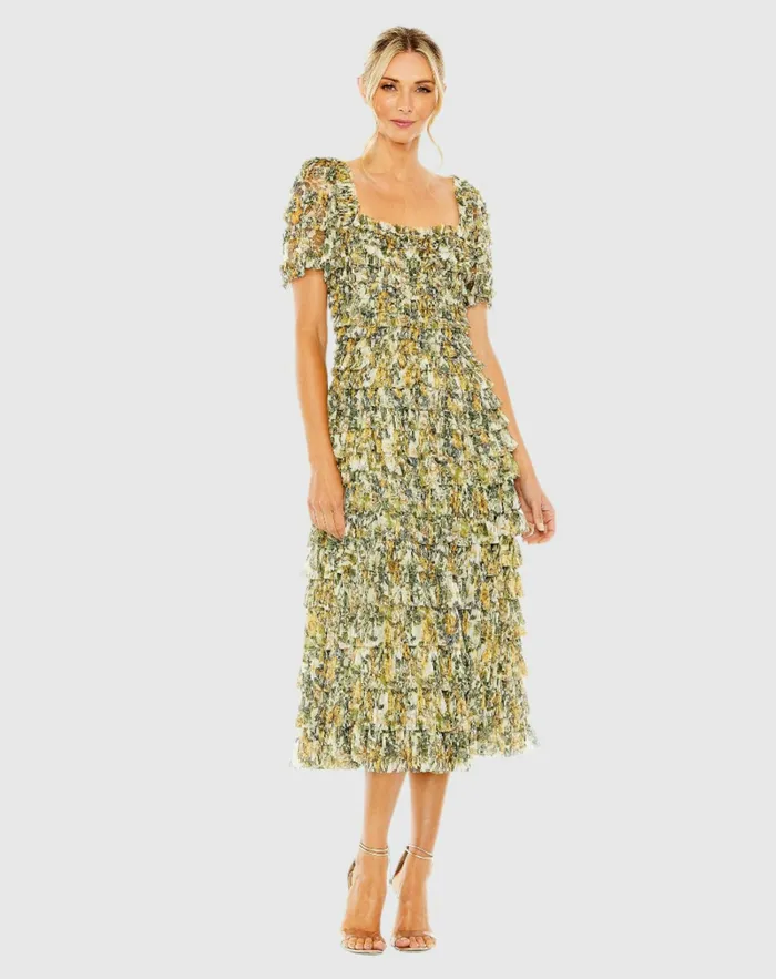Mac Duggal Daytime Dresses Women Short Sleeve Micro Ruffle Tea Length Dress Gold Multi