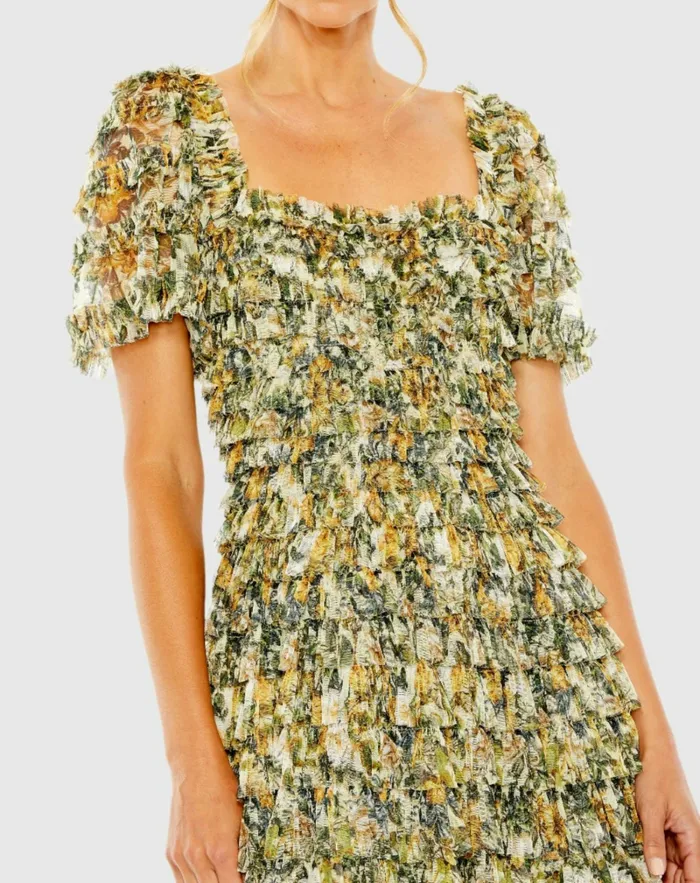 Mac Duggal Daytime Dresses Women Short Sleeve Micro Ruffle Tea Length Dress Gold Multi Mac Duggal Daytime Dresses Women Short Sleeve Micro Ruffle Tea Length Dress Gold Multi