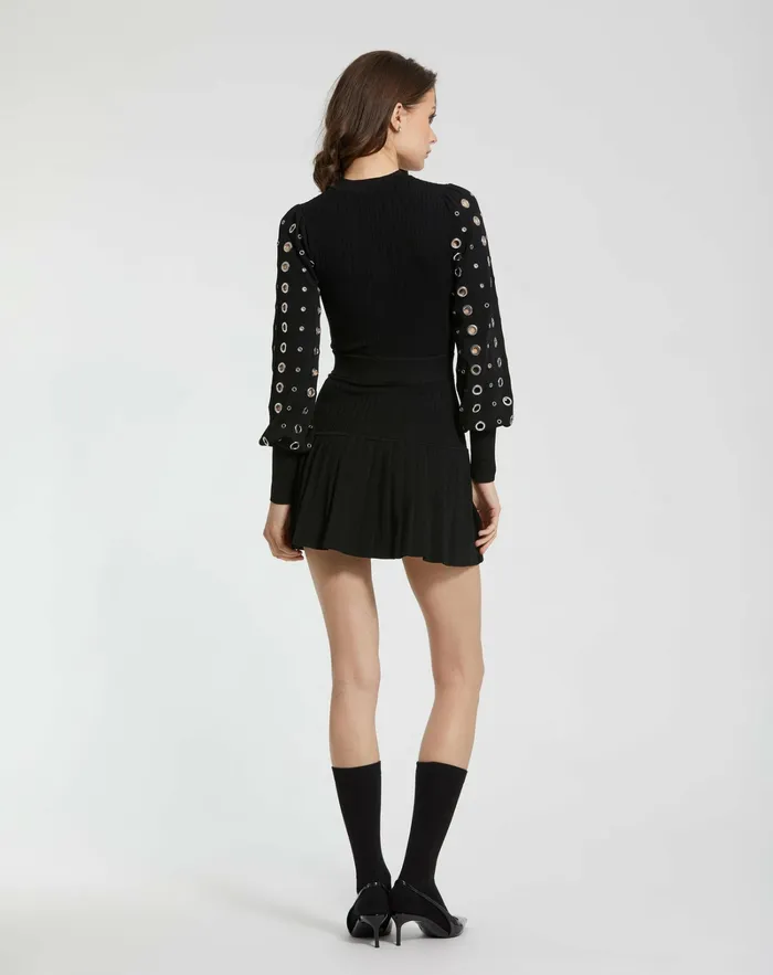 Mac Duggal Knit Long Sleeve Grommet Mini Dress Black Women Every Day Dresses