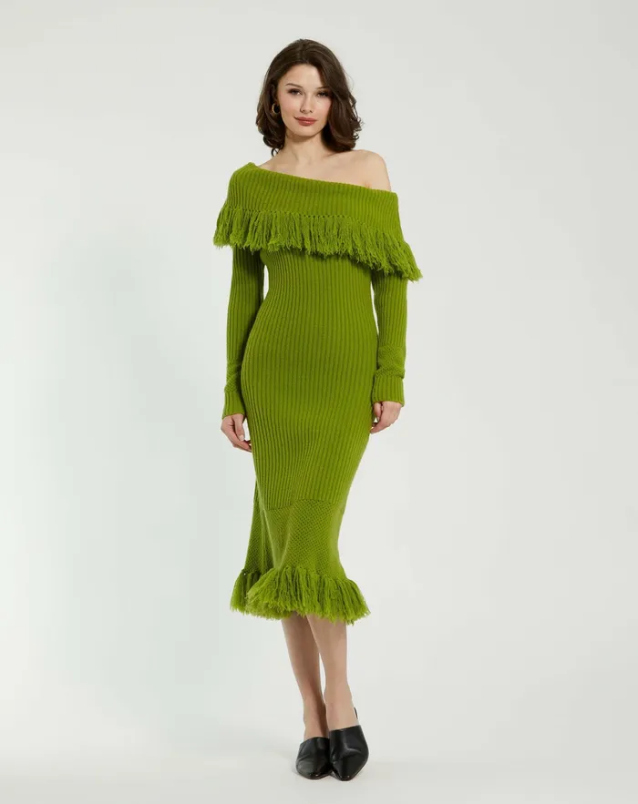 Mac Duggal Off The Shoulder Fringe Long Sleeve Knit Dress Pear Women Every Day Dresses