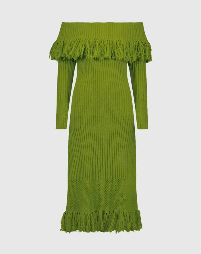 Mac Duggal Off The Shoulder Fringe Long Sleeve Knit Dress Pear Women Every Day Dresses