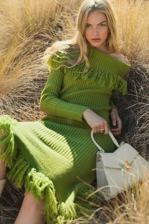 Mac Duggal Off The Shoulder Fringe Long Sleeve Knit Dress Pear Women Every Day Dresses